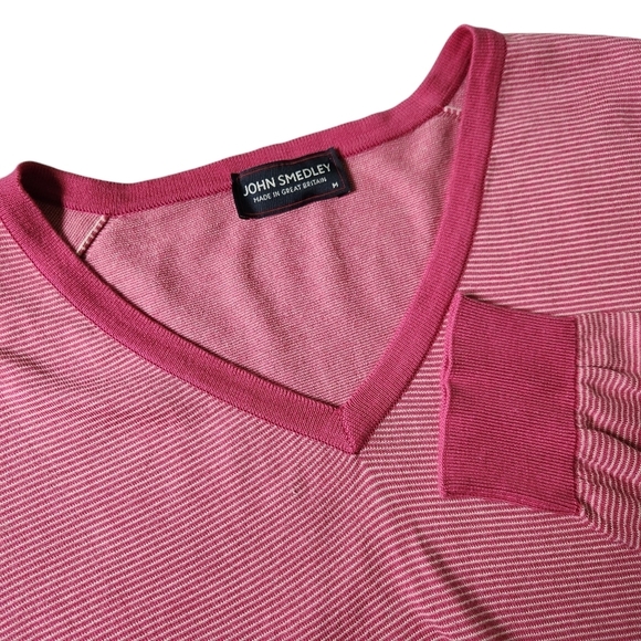 JOHN SMEDLEY Sea Island Cotton sweater V neck striped pink medium made in UK - Picture 1 of 14